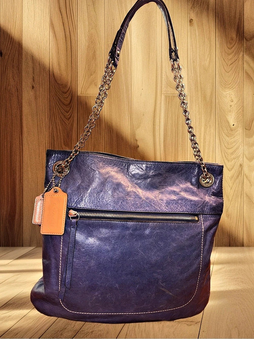 Coach Poppy 21199 Cobalt Blue Waxed Leather Slim Chain Tote